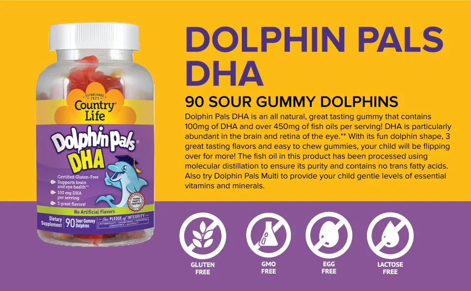 Country Life Dolphin Pals DHA 90 Sour Gummy Dolphins - dha gummies