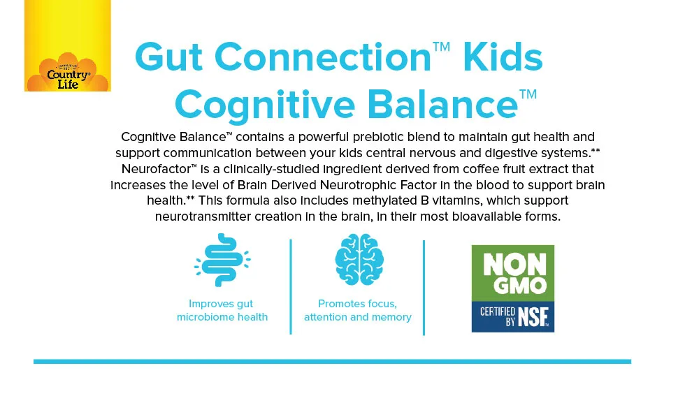 Country Life Gut Connection Kids Cognitive Balance Sweet & Sour 100 Chewable Tablets - cognitive kids 2