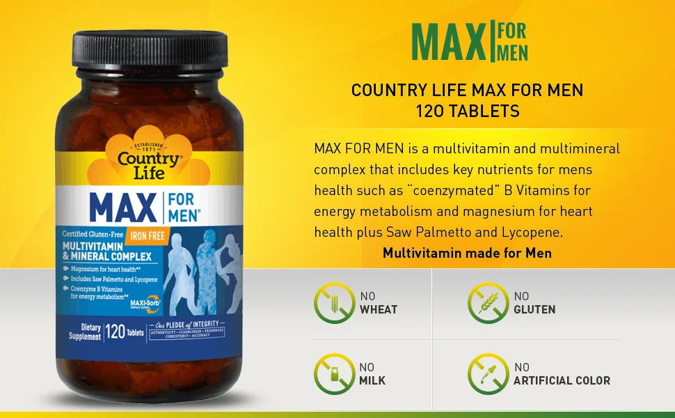 Country Life Max for Men Multivitamin & Mineral Complex Iron-Free 120 Vegan Capsules - product information 2
