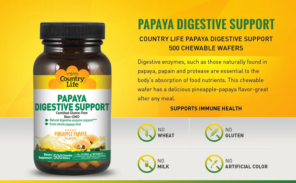 Country Life Papaya Digestive Support Pineapple Papaya 500 Chewable Wafers - product information 2
