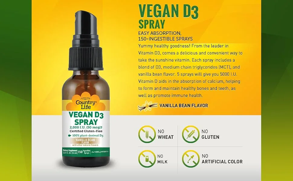 Country Life Vitamin D3 Spray Vanilla Bean 50 mcg (2000 IU) 150 Ingestible Sprays 0.81 fl oz (24 ml) - VITAMIN D