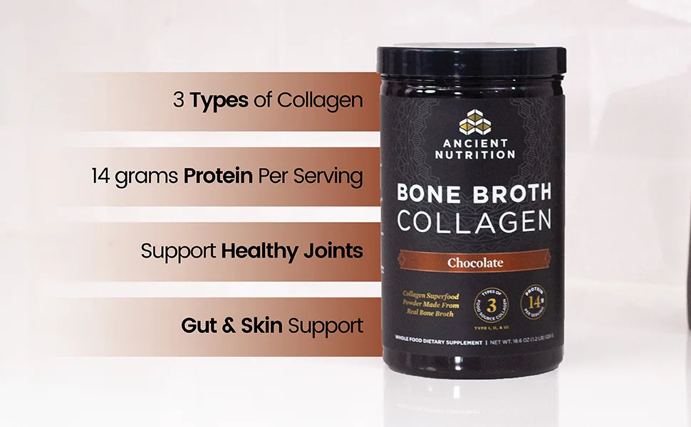 Dr. Axe / Ancient Nutrition Bone Broth Collagen Chocolate 1.2 lb (528 g) - Bone Broth Collagen Chocolate