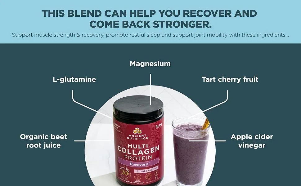 Dr. Axe / Ancient Nutrition Multi Collagen Protein Rest + Recovery Calming Natural Mixed Berry 10.5 oz (300 g) - mcp recovery