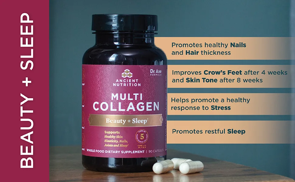 Dr. Axe / Ancient Nutrition Multi Collagen Beauty + Sleep 90 Capsules - Multi Collagen Capsules Beauty + Sleep