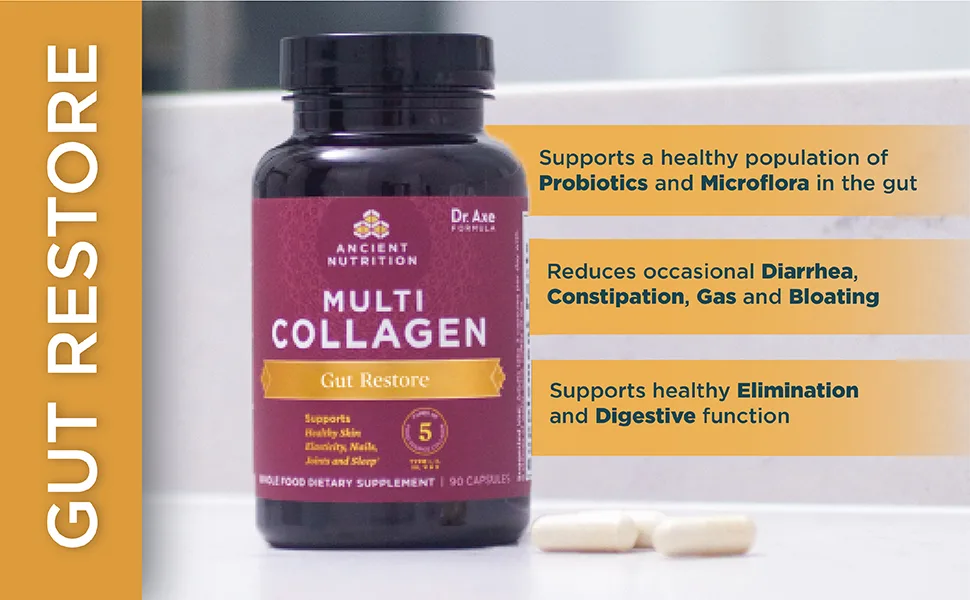 Dr. Axe / Ancient Nutrition Multi Collagen Gut Restore 90 Capsules - Multi Collagen Capsules Gut Restore