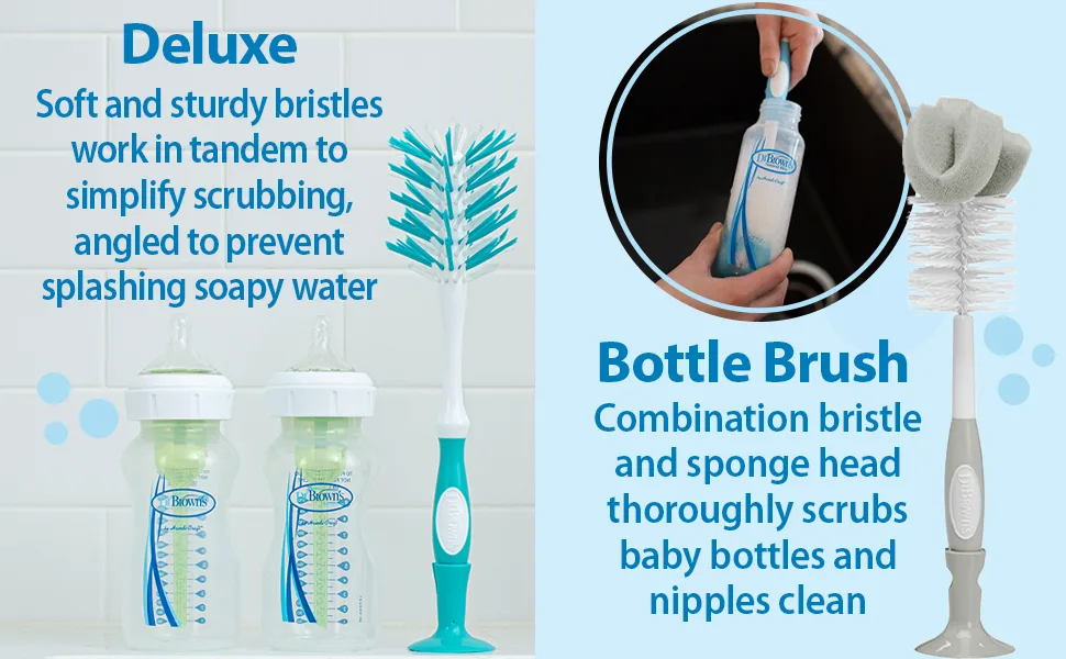 Dr. Brown's Bottle Brush with Sponge and Bristles Blue 1 Brush - Deluxe-Simplify scrubbing and prevent splash/Bottle Brush-Bristle + sponge combo scrub items clean