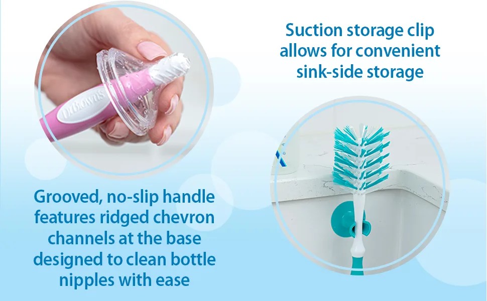 Dr. Brown's Bottle Brush with Sponge and Bristles Blue 1 Brush - Handle features specially designed nipple cleaner, Suction storage clip allows for simple storage