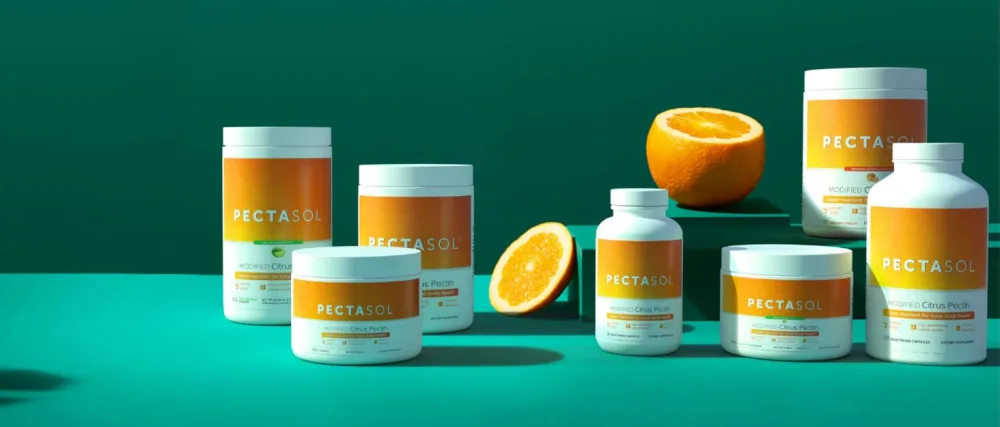 Econugenics PectaSol-C Modified Citrus Pectin 270 Vegetarian Capsules - pectasol modified citrus pectin bottles and a teal background