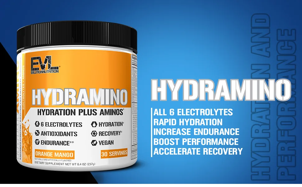 EVLution Nutrition Hydramino Orange Mango 11.01 oz (312 g) - hydramino all 6 electrolytes rapid hydration increase endurance boost performance recovery