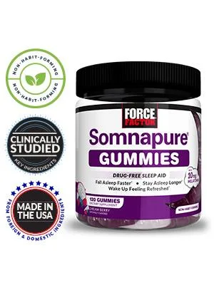 Force Factor Somnapure Gummies Melatonin 10 mg Dream Berry 120 Gummies - Somnapure Gummies Drug-Free Sleep Aid Tub and Badges