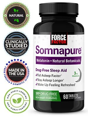 Force Factor Somnapure Natural Sleep Aid 60 Tablets - Somnapure 60ct Melatonin + Natural Botanicals Bottle and Badges