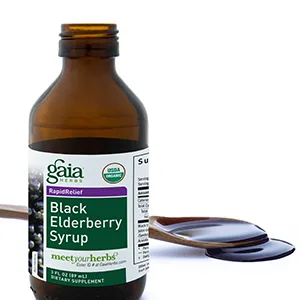 Gaia Herbs Black Elderberry Syrup 3 fl oz (89 ml) - Gaia Herbs Black Elderberry Syrup Bottle with Spoon