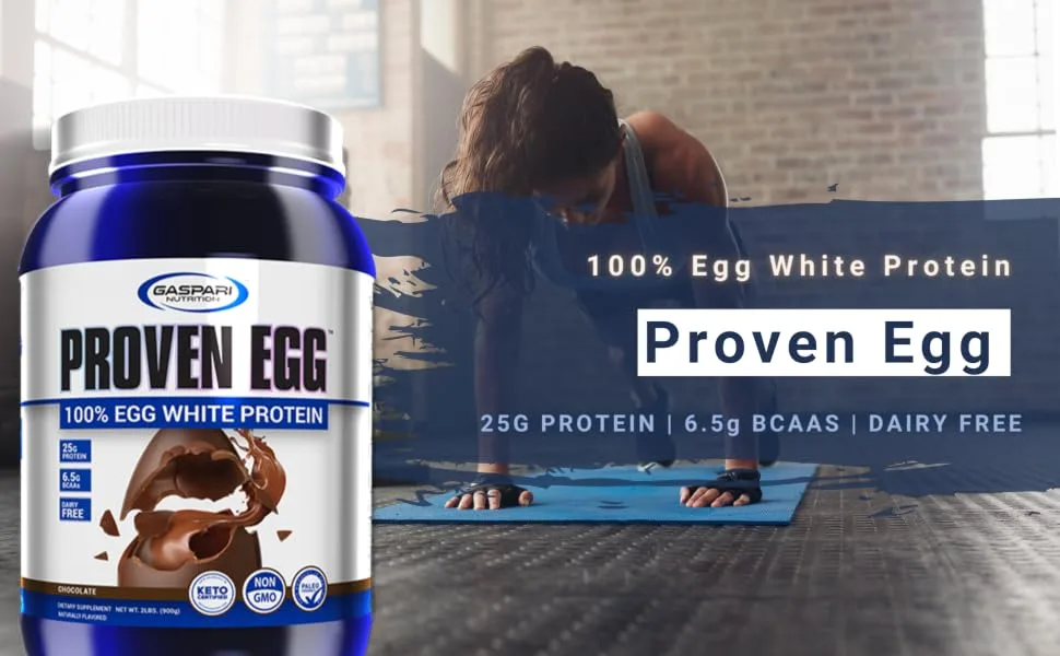 Gaspari Nutrition Proven Egg 100% Egg White Protein Chocolate 2 lb (900 g) - 100% Egg White Protein Proven Protein BCAAS Dairy Free