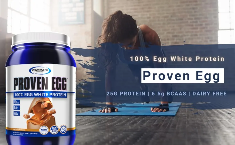 Gaspari Nutrition Proven Egg 100% Egg White Protein Salted Carmel 2 lb (900 g) - 100% Egg White Protein Proven Protein BCAAS Dairy Free