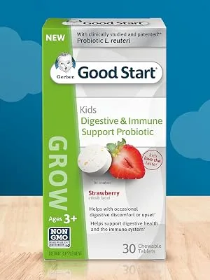 Gerber Good Start Grow Kids Digestive & Immune Support Probiotic   Ages 3+ Strawberry 30 Chewable Tablets - Good Start Grow 3+ Supplement Drops