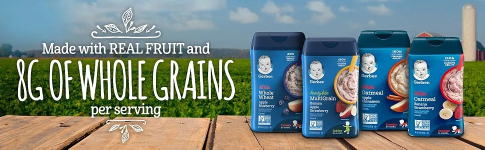 Gerber Lil' Bits Whole Wheat Cereal 8+ Months Apple Blueberry 8 oz (227 g) - Made with REAL FRUIT AND 8g OF WHOLE GRAINS per serving
