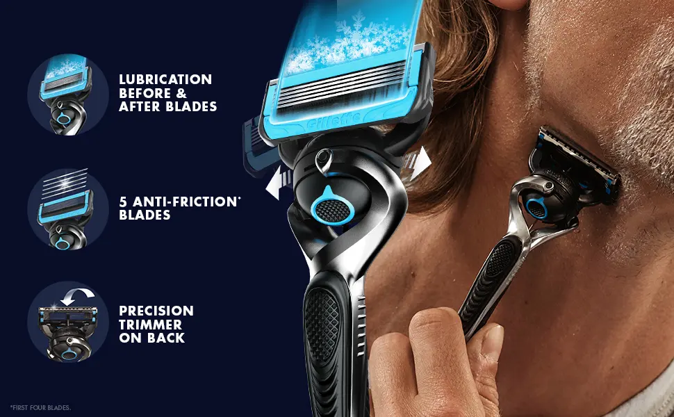 Gillette Fusion5 Proshield Chill 1 Razor + 2 Cartridges - lubrication before and after the blades, 5 anti friction blades precision trimmer on back