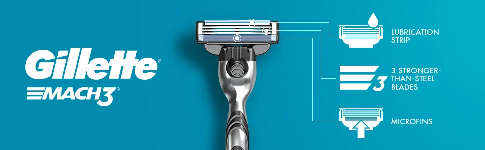 Gillette Mach3 4 Cartridges - Mach3 Gillette Lubrication Strip, 3 Stronger-Than-Steel Blades, Microfins
