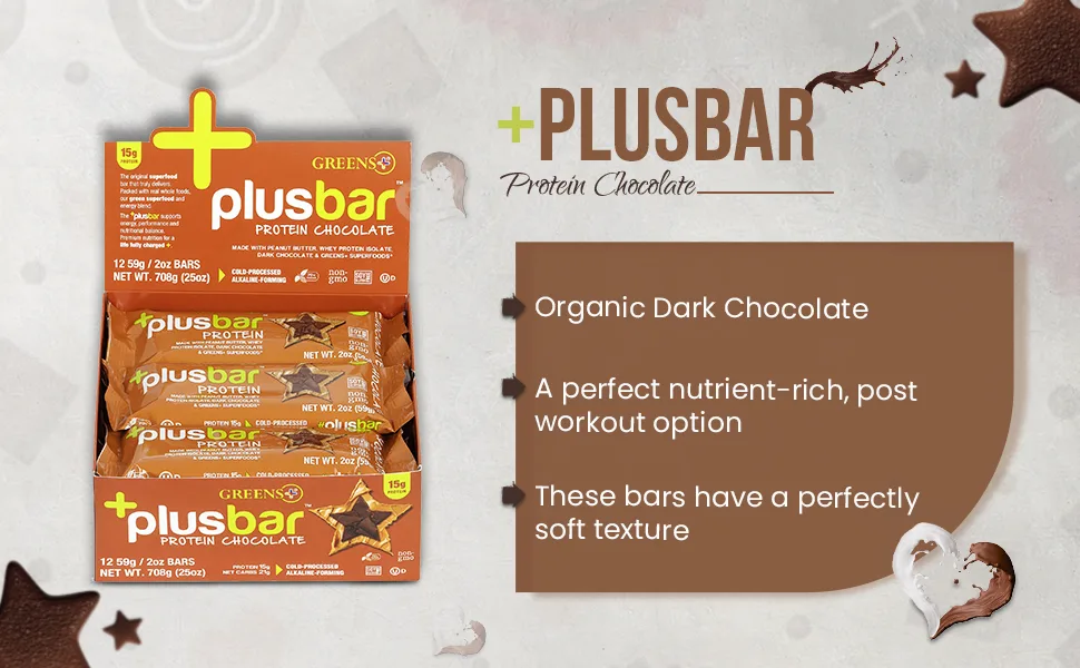 Greens Plus Plusbar Protein Chocolate 12 Bars 2 oz (59 g) Each - PLUSBAR