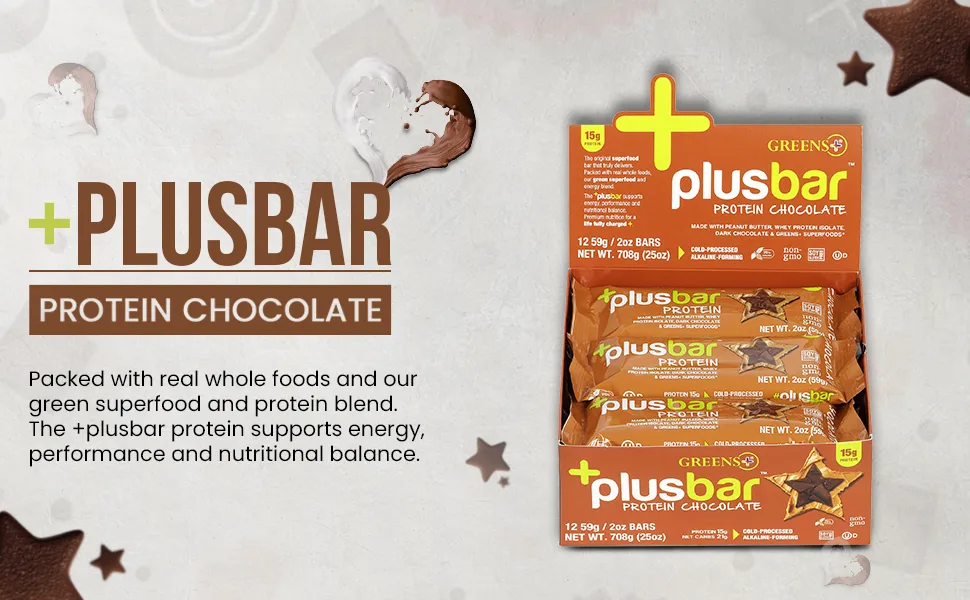 Greens Plus Plusbar Protein Chocolate 12 Bars 2 oz (59 g) Each - PLUSBAR