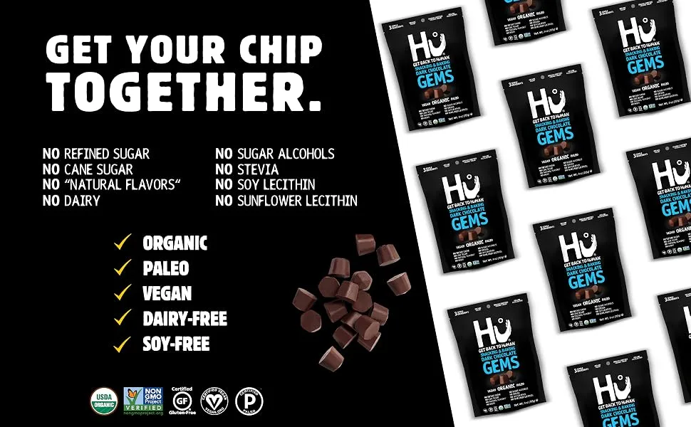 Hu Gems Snacking & Baking Dark Chocolate 9 oz (255 g) - hu gems baking chips chocolate kitchen vegan keto sugar free healthy paleo holiday bake bark organic