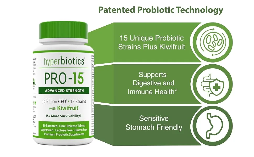 Hyperbiotics PRO-15 Advanced Strength with Kiwifruit 15 Billion CFU 30 Patented Time-Release Tablets - probiotic