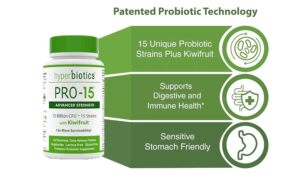 Hyperbiotics PRO-15 Advanced Strength with Kiwifruit 15 Billion CFU 60 Patented Time-Release Tablets - probiotic