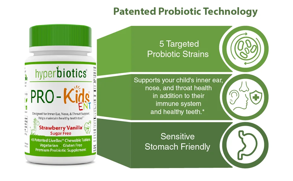 Hyperbiotics PRO-Kids ENT Sugar Free Strawberry Vanilla 45 Patented LiveBac Chewable Tablets - probiotic