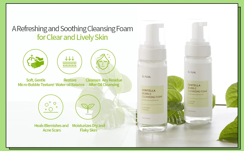 iUNIK Centella Bubble Cleansing Foam 5.07 fl oz (150 ml) - iunik centella bubble foam keypoints