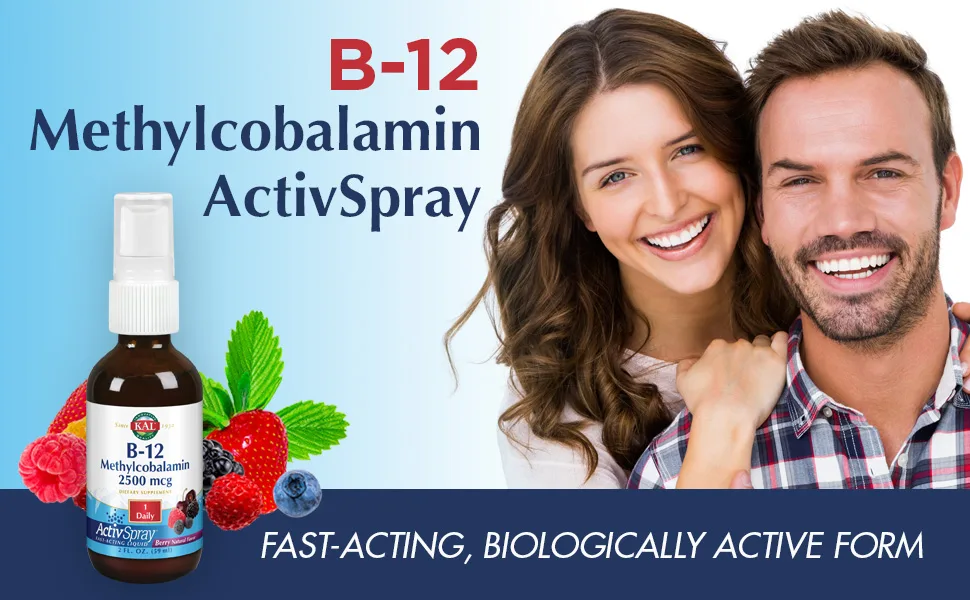KAL B-12 Methylcobalamin Berry 2500 mcg 2 fl oz (59 ml) - KAL B12 Methylcobalamin ActivSpray 2500mcg Berry Flavor Energy Nerve Red Blood Cell 2 oz 80 Serv.