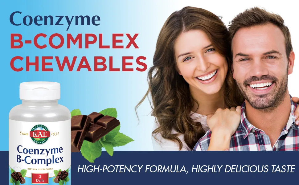 KAL Coenzyme B-Complex Natural Cocoa Mint 60 Chewables - KAL Coenzyme B-Complex Chewables Sugarless Natural Cocoa Mint Flavor Healthy Energy Support 60 CT