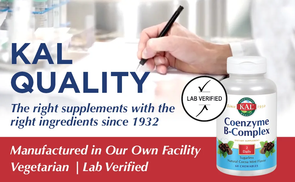 KAL Coenzyme B-Complex Natural Cocoa Mint 60 Chewables - KAL Coenzyme B-Complex Chewables Sugarless Natural Cocoa Mint Flavor Healthy Energy Support 60 CT
