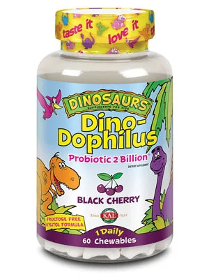 KAL Dinosaurs Dino-Dophilus Black Cherry 60 Chewables - KAL Dino-Dophilus Probiotic 2 Billion Chewable Probiotics Fructose Free Black Cherry 60 Servings