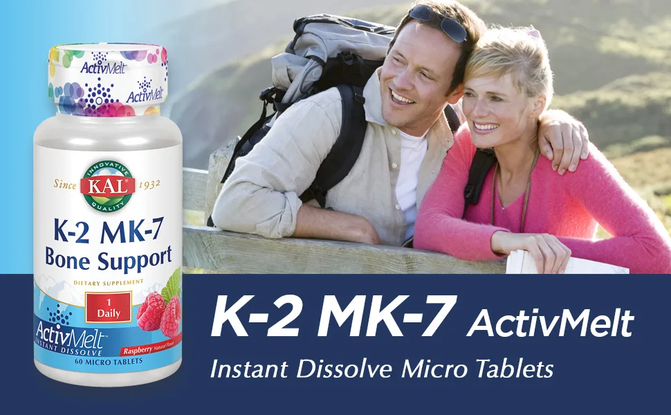 KAL K-2 MK-7 Bone Support Raspberry 60 Micro Tablets - KAL Vitamin K-2 MK-7 ActivMelt Natural Raspberry Flavor Bone & Cardiovascular Function 60 Micro Tabs