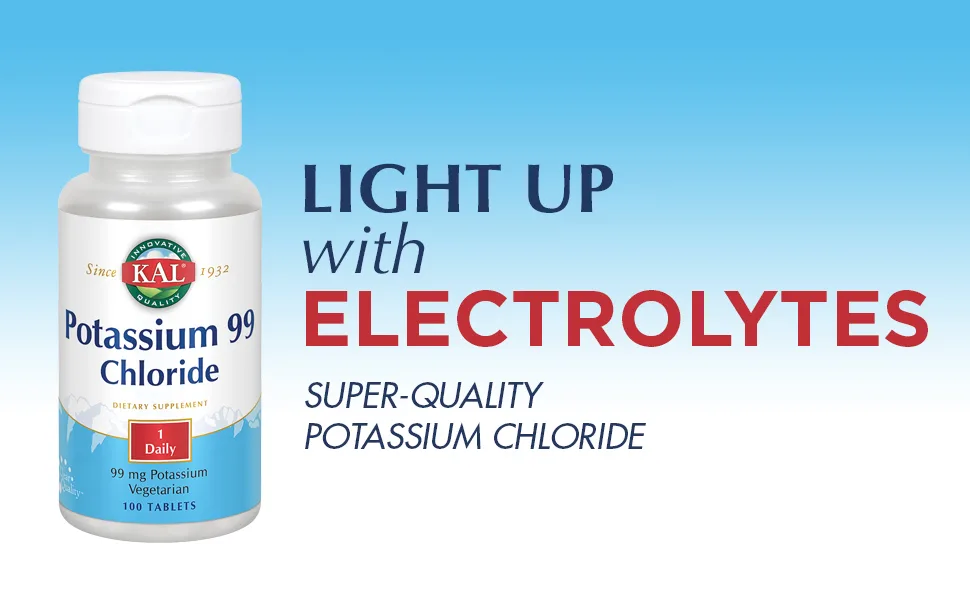 KAL Potassium 99 Chloride 99 mg 100 Tablets - KAL Potassium Chloride 99mg Electrolyte Support for Bones, Heart, Muscles & Nerves 100 Tablets