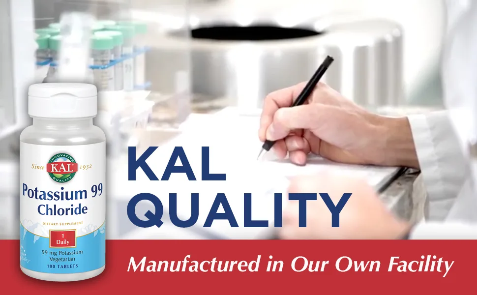 KAL Potassium 99 Chloride 99 mg 100 Tablets - KAL Potassium Chloride 99mg Electrolyte Support for Bones, Heart, Muscles & Nerves 100 Tablets