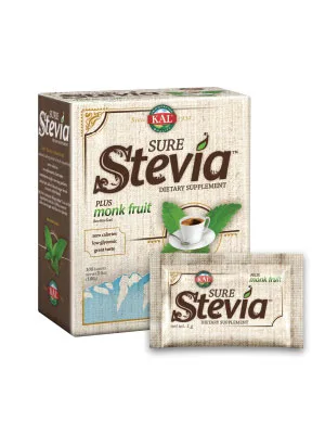KAL Sure Stevia Plus Monk Fruit 100 Packets 3.5 oz (100 g) - KAL Sure Stevia Extract Powder Plus Monk Fruit (Luo Han) Zero Calorie 100 Single-Serve Packets
