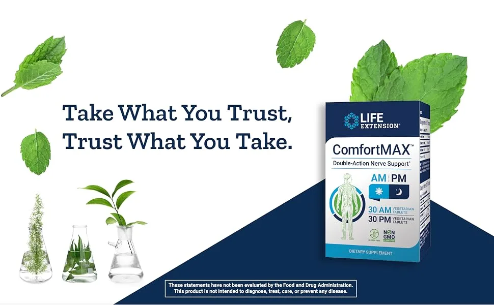 Life Extension ComfortMAX Double-Action Nerve Support For AM & PM 30 Vegetarian Tablets Each - life extension