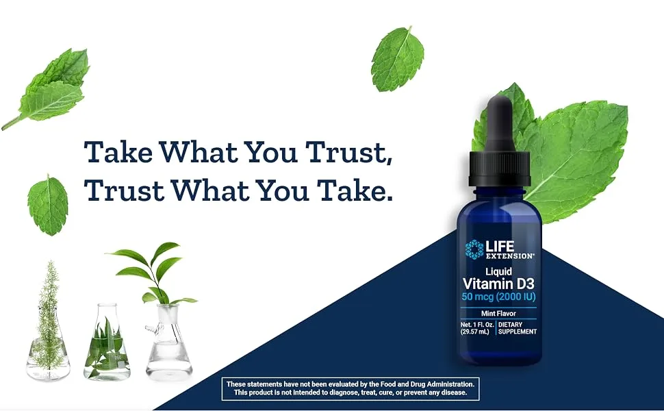Life Extension Liquid Vitamin D3 Mint Flavor 2000 IU 1 fl oz (29.57 ml) - life extension