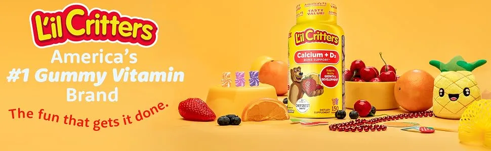 L'il Critters Calcium + D3 Bone Support Black Cherry Orange & Strawberry Flavors 150 Gummies - America