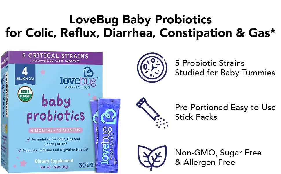 LoveBug Probiotics Baby Probiotics Tiny Tummies Daily Probiotic + Prebiotic 6-12 Mo. 4 Billion CFU 30 Single Stick Packs 0.05 oz (1.5 g) - Organic Probiotic for Babies Multi-Strain 4 Billion CFU Easy-to-Take Powder