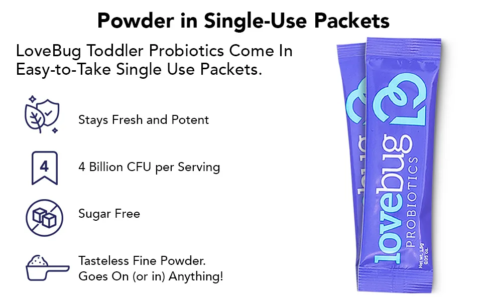 LoveBug Probiotics Baby Probiotics Tiny Tummies Daily Probiotic + Prebiotic 6-12 Mo. 4 Billion CFU 30 Single Stick Packs 0.05 oz (1.5 g) - Organic Probiotic for Babies Multi-Strain 4 Billion CFU Easy-to-Take Powder