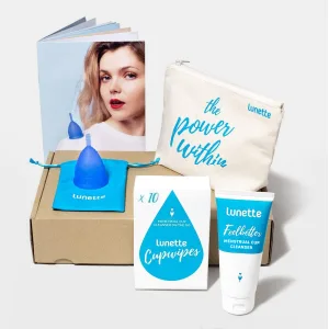 Lunette Menstrual Cup - Clear - Model 2 for normal or heavy bleeding - Lunette kit, cup, cleanser
