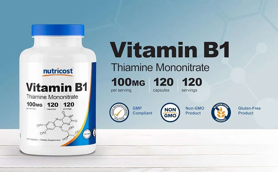 Mason Natural Vitamin B-1 250 mg 100 Tablets - Nutricost Vitamin B1 Thiamine Mononitrate 100 mg 120 servings non-gmo gluten-free