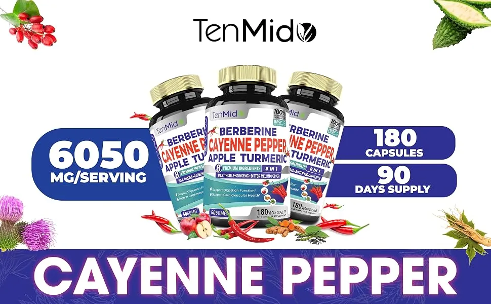 Tenmido Berberine Cayenne Pepper Apple Turmeric - 180 VEGAN Capsules - cayenne pepper
