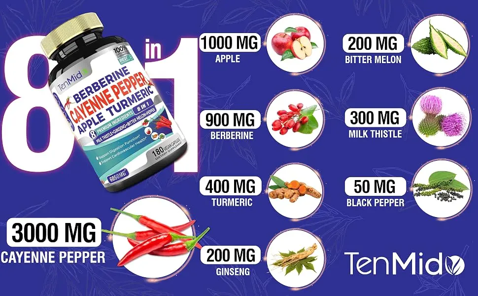 Tenmido Berberine Cayenne Pepper Apple Turmeric - 180 VEGAN Capsules - ingredients