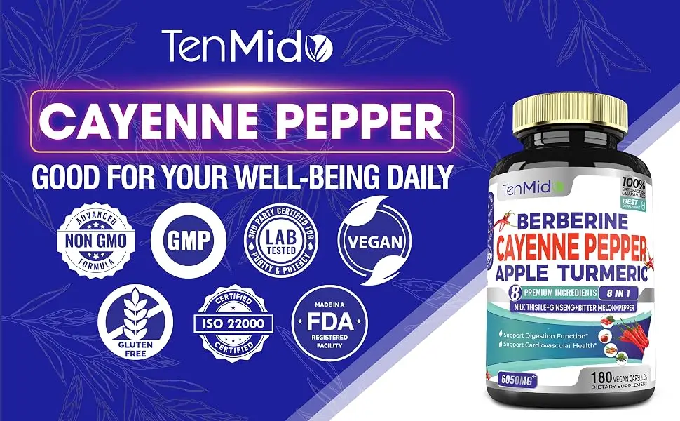Tenmido Berberine Cayenne Pepper Apple Turmeric - 180 VEGAN Capsules - quality