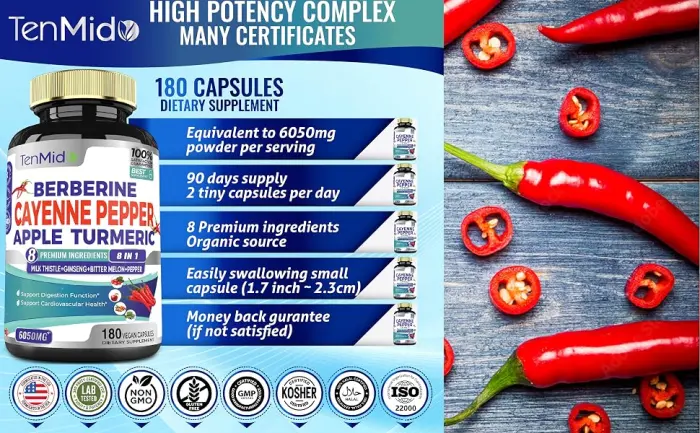 Tenmido Berberine Cayenne Pepper Apple Turmeric - 180 VEGAN Capsules - supplements
