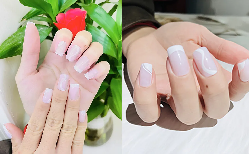 24PCS Glossy Square Press on Nails Light Purple Edge Short False Nails Full Cover Artificial Nails Tips for Women and Girls 15 - fake nails