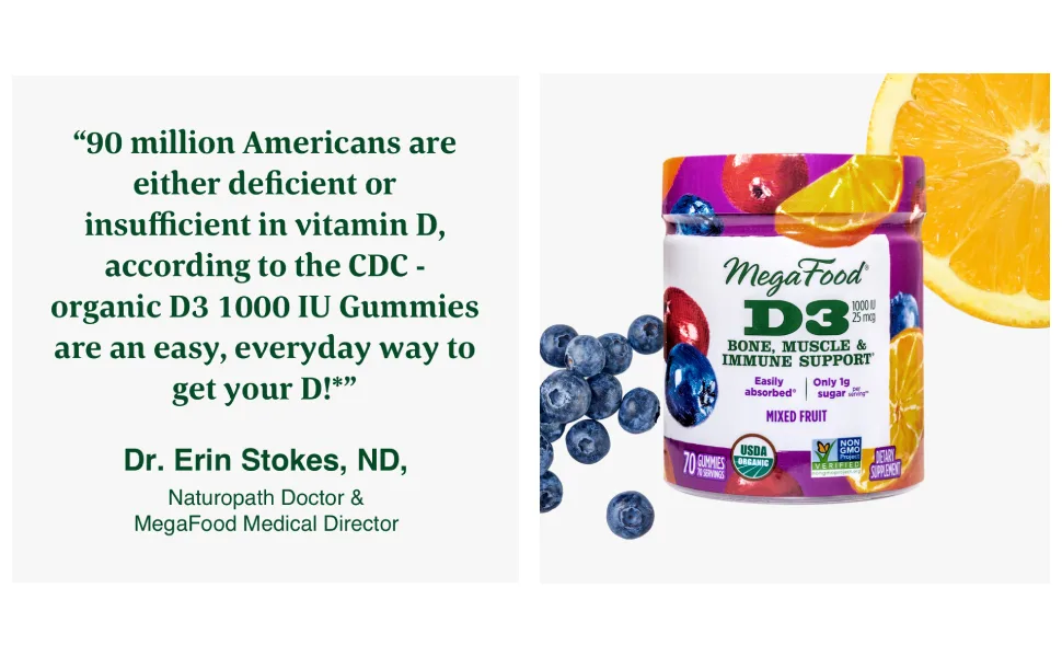 MegaFood D3 Mixed Fruit 1000 IU (25 mcg) 70 Gummies - product information 2